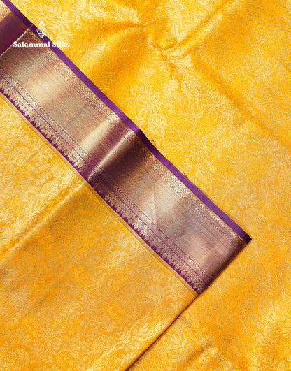 Beautiful Mustard Yellow Bridal Semi Silk Saree With Contrast Dark Purple Traditional Evening Morning Border