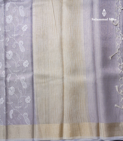 Light Grey Embroidery Work Silk Kota Fancy Saree With Gold Zari Border