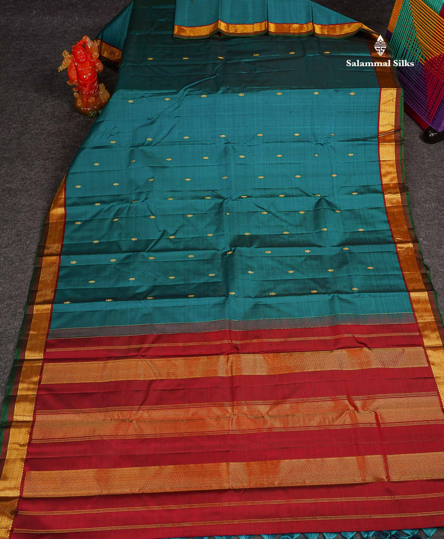 Pure Kanjivaram Silk Saree - Teal Green Colour Body Zari Butta With Contrast Maroon Small Border