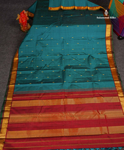 Pure Kanjivaram Silk Saree - Teal Green Colour Body Zari Butta With Contrast Maroon Small Border