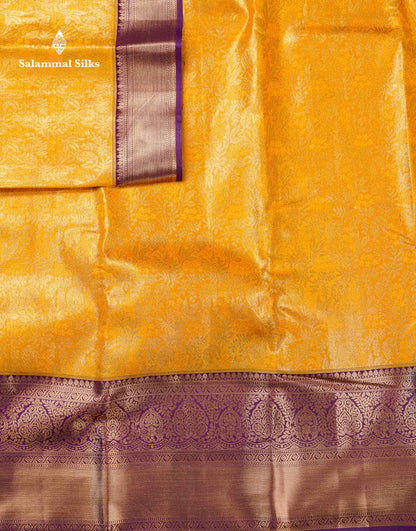 Beautiful Mustard Yellow Bridal Semi Silk Saree With Contrast Dark Purple Traditional Evening Morning Border