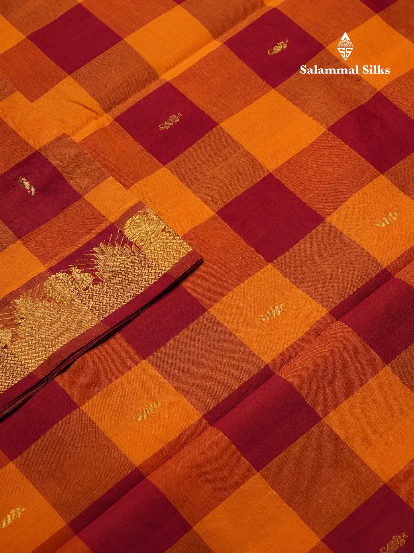 Beautiful Paalum Pazham Checks Semi Silk Cotton Saree With Contrast Dark Maroon Blouse