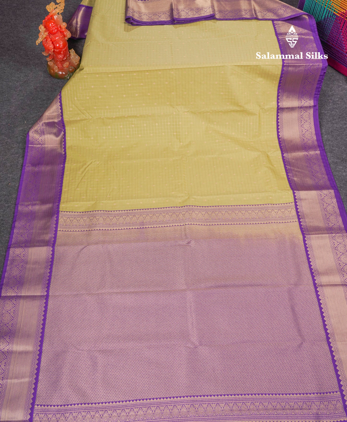 Beautiful Pista Green Zari Checks And Buttas Semi Silk Saree With Contrast Violet Traditional Border