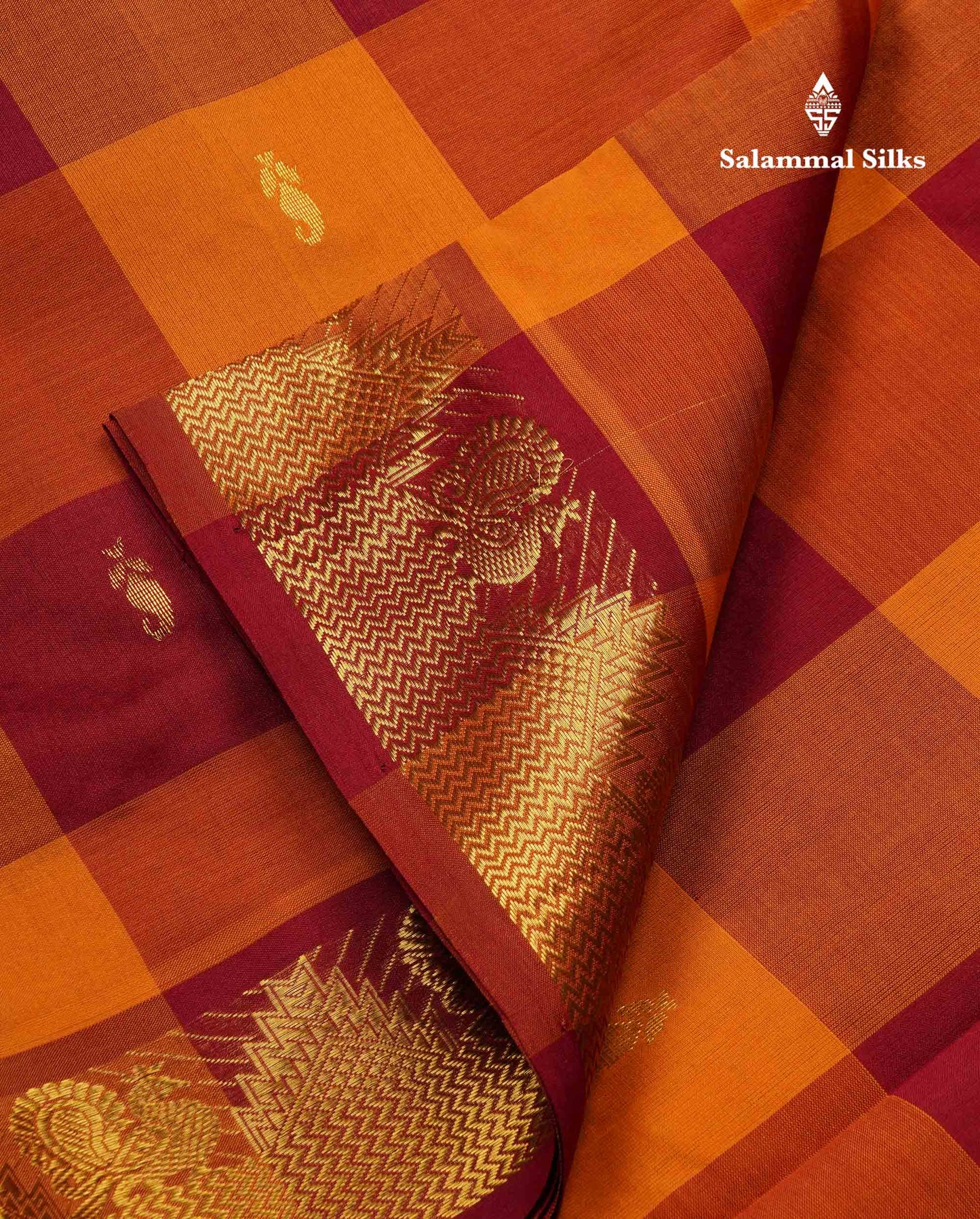 Beautiful Paalum Pazham Checks Semi Silk Cotton Saree With Contrast Dark Maroon Blouse