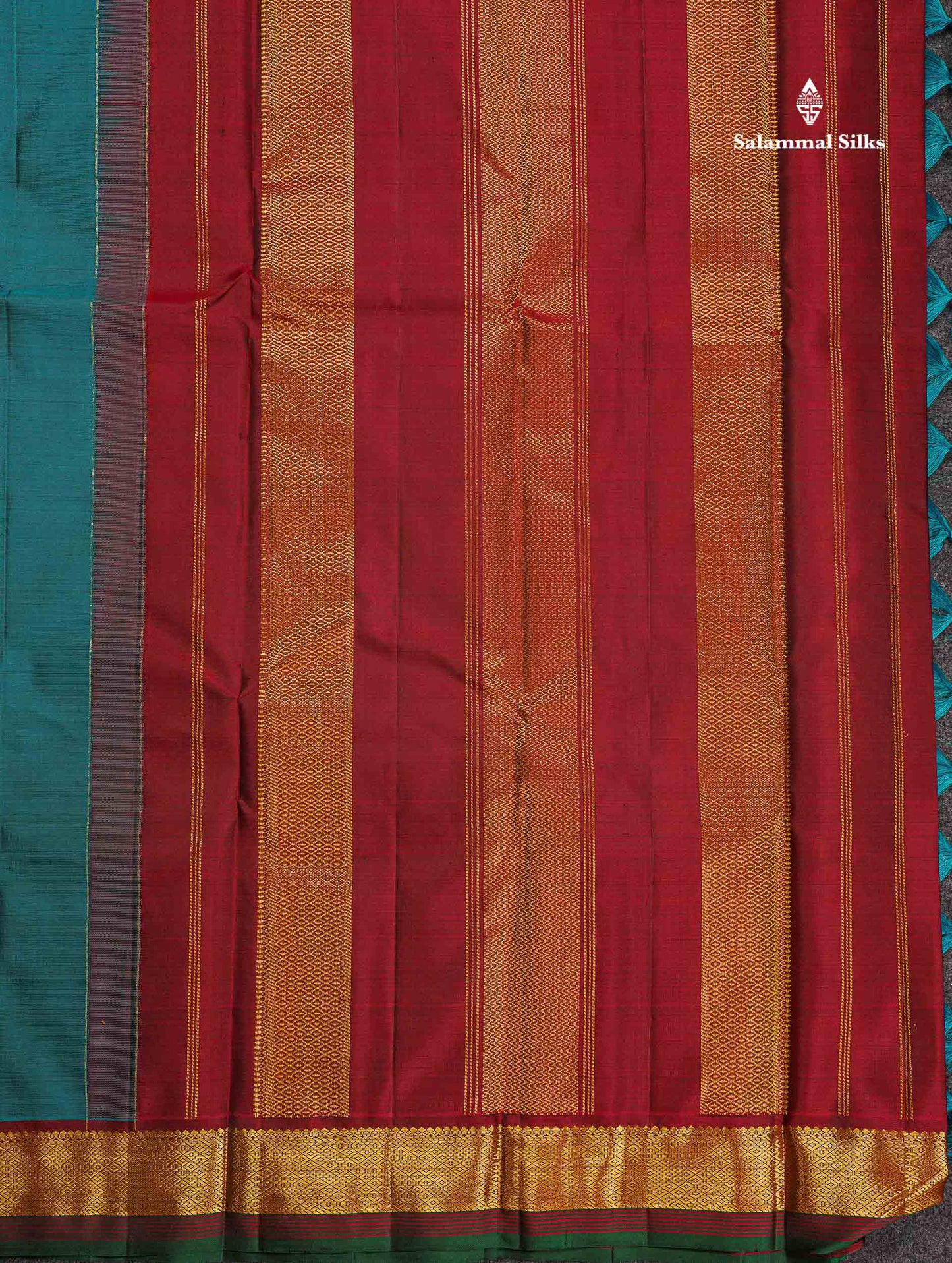 Pure Kanjivaram Silk Saree - Teal Green Colour Body Zari Butta With Contrast Maroon Small Border
