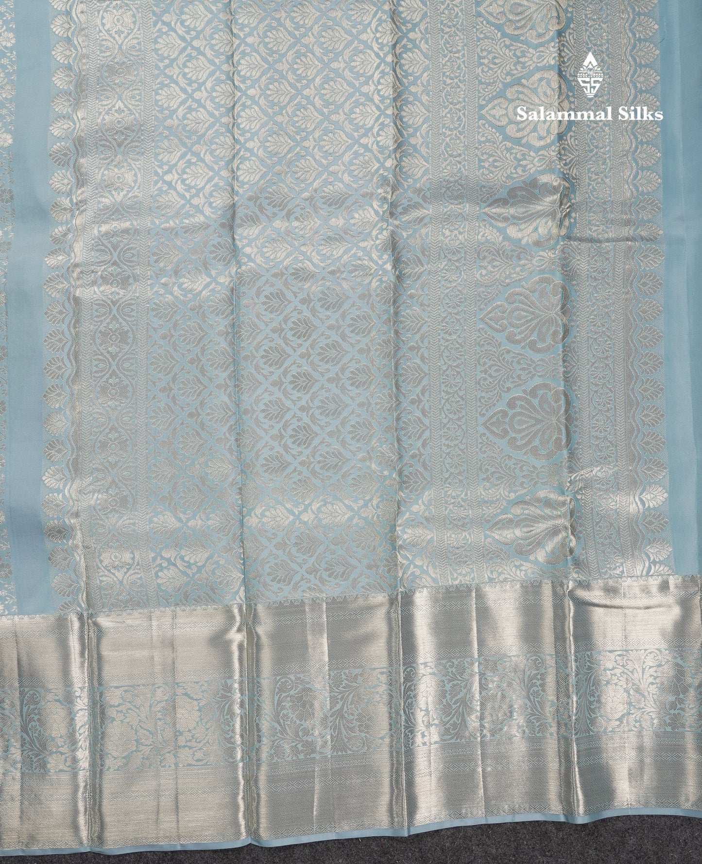 Beautiful Blueish Grey Bridal Pure Kanjivaram Silk Saree With Traditional Evening Morning Border