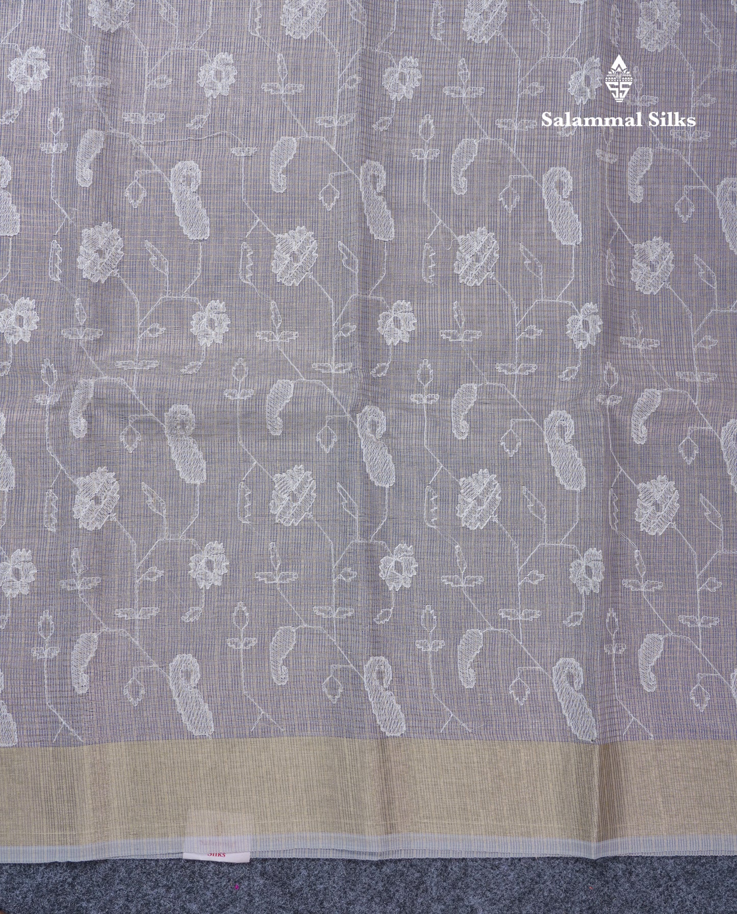 Light Grey Embroidery Work Silk Kota Fancy Saree With Gold Zari Border