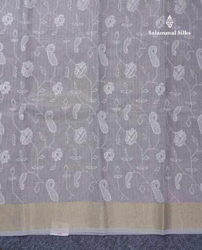 Light Grey Embroidery Work Silk Kota Fancy Saree With Gold Zari Border
