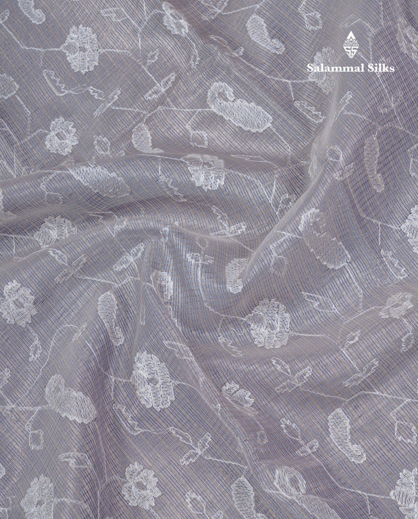 Light Grey Embroidery Work Silk Kota Fancy Saree With Gold Zari Border