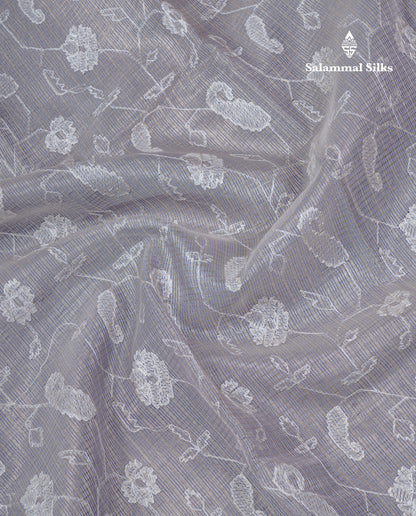 Light Grey Embroidery Work Silk Kota Fancy Saree With Gold Zari Border