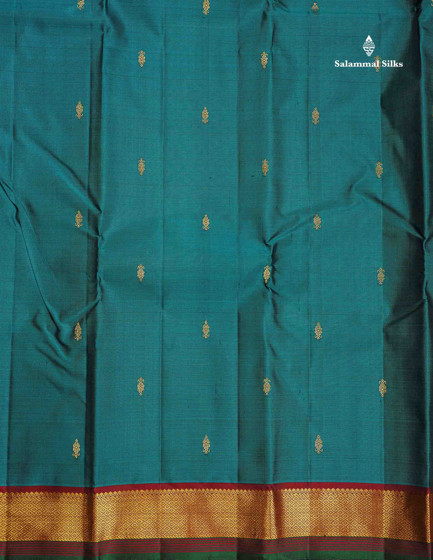 Pure Kanjivaram Silk Saree - Teal Green Colour Body Zari Butta With Contrast Maroon Small Border