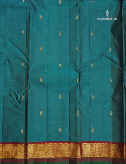 Pure Kanjivaram Silk Saree - Teal Green Colour Body Zari Butta With Contrast Maroon Small Border