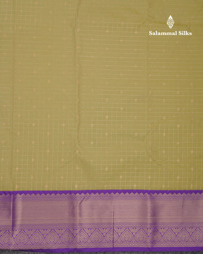 Beautiful Pista Green Zari Checks And Buttas Semi Silk Saree With Contrast Violet Traditional Border