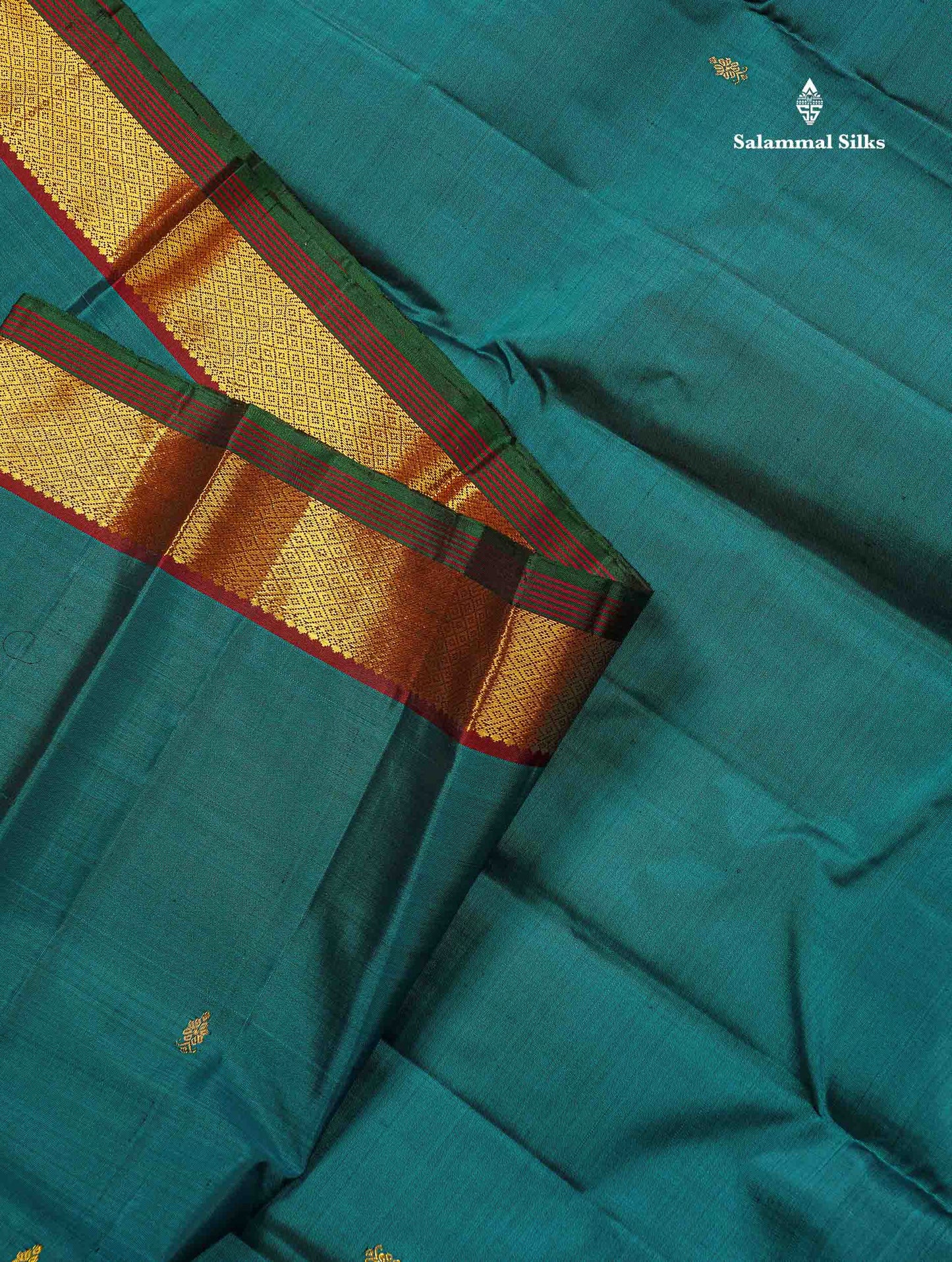 Pure Kanjivaram Silk Saree - Teal Green Colour Body Zari Butta With Contrast Maroon Small Border