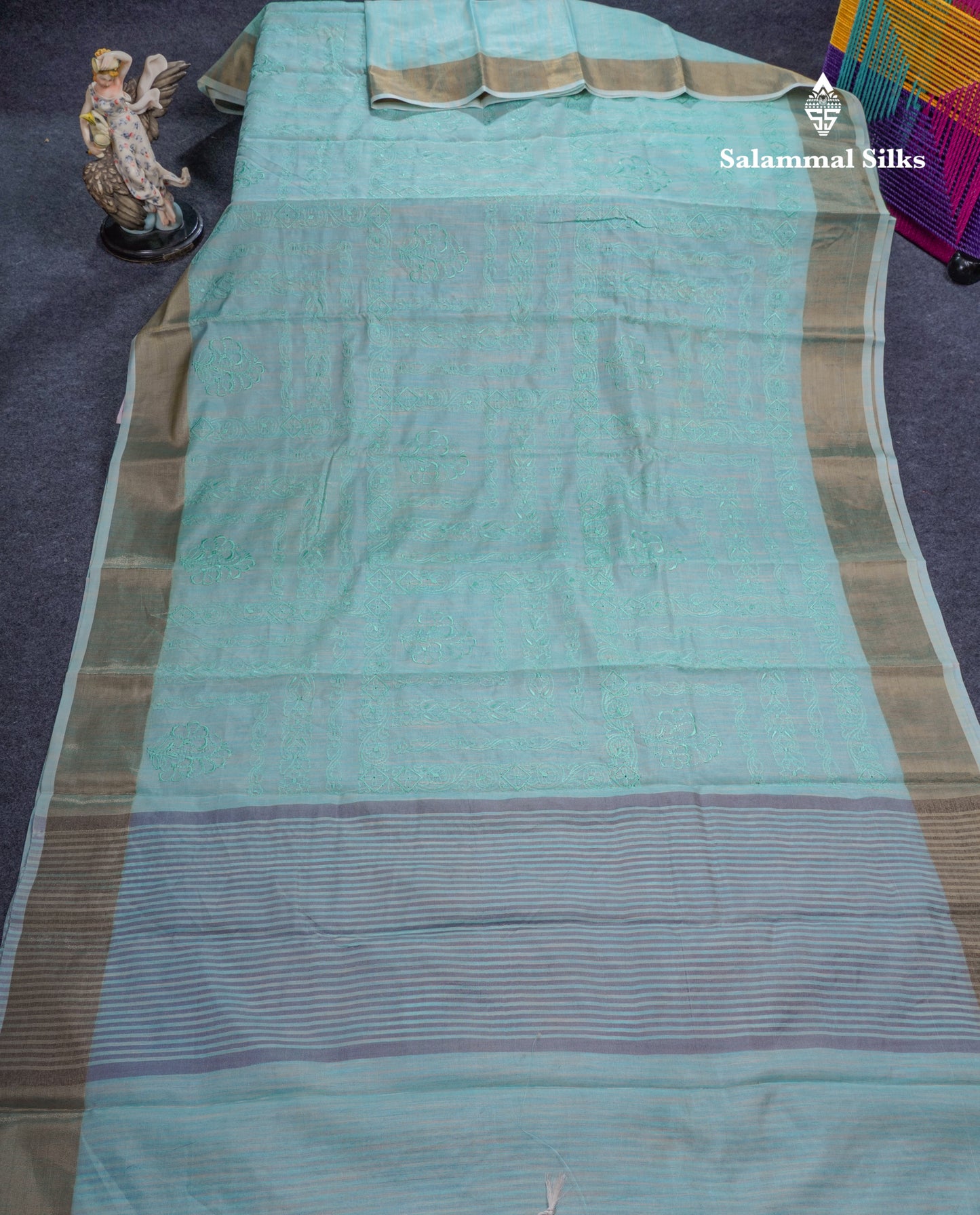 Onion Pink Embroidery Work Mixed Cotton Saree With Gold Zari Border