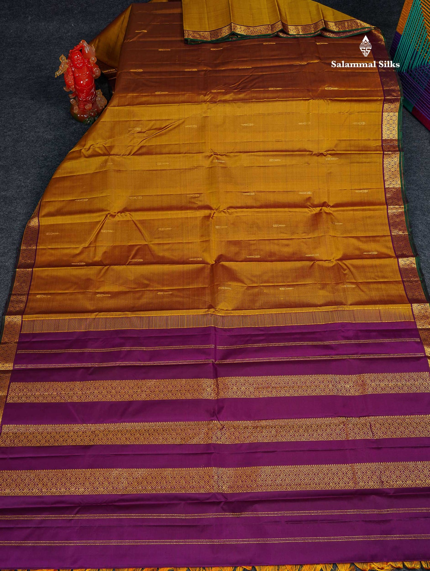 Pure Kanjivaram Silk Saree - Golden Yellow Colour Body Zari Butta With Contrast Dark Purple Small Border