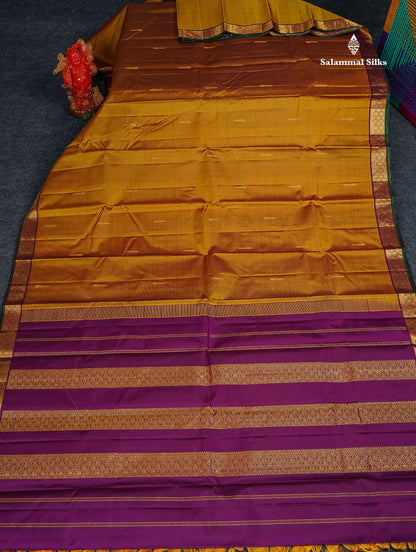Pure Kanjivaram Silk Saree - Golden Yellow Colour Body Zari Butta With Contrast Dark Purple Small Border