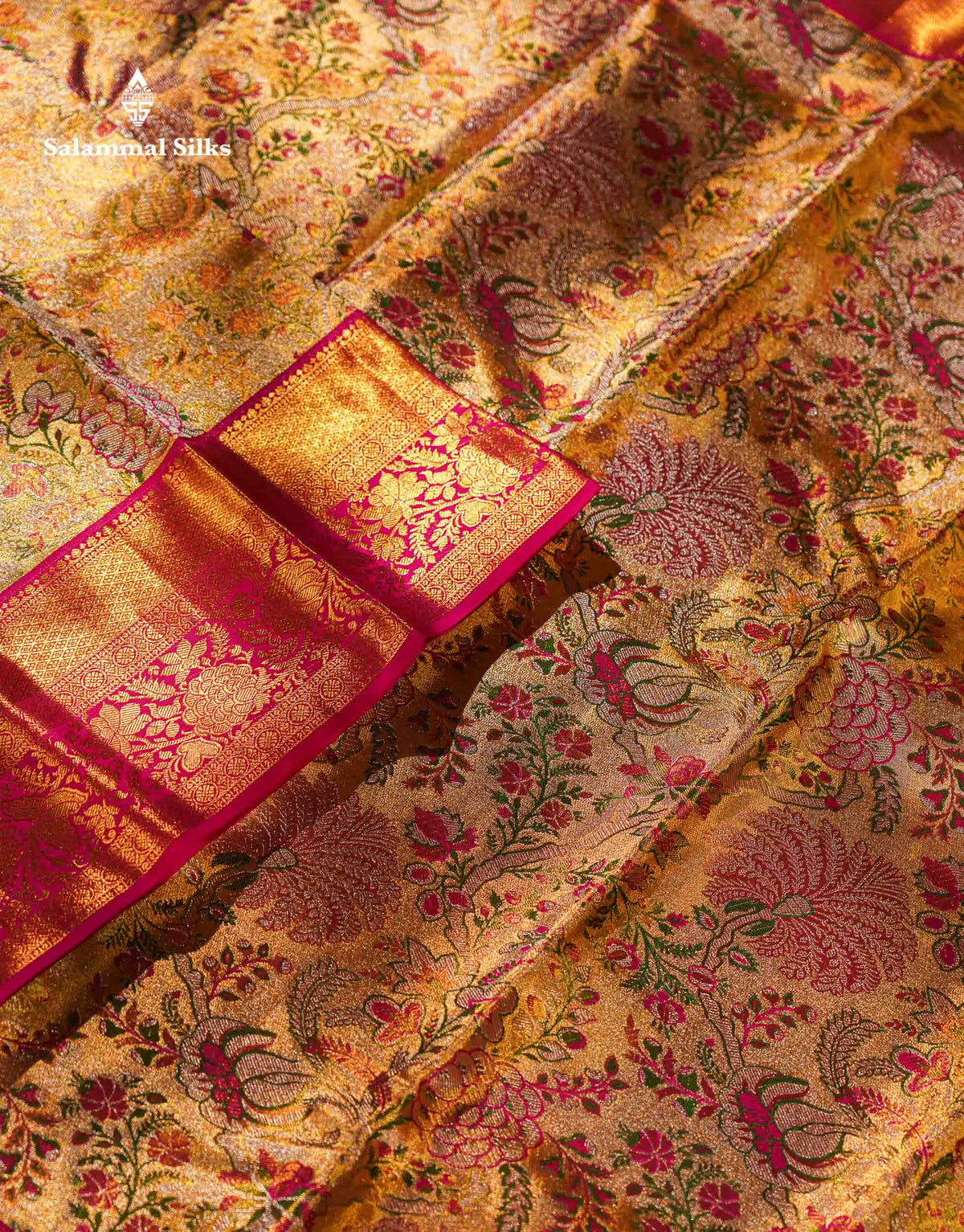 Beautiful Gold Tissu Bridal Menakari Work Pure Kanjivaram Silk Saree With Contrast Magenta Pink Traditional Border