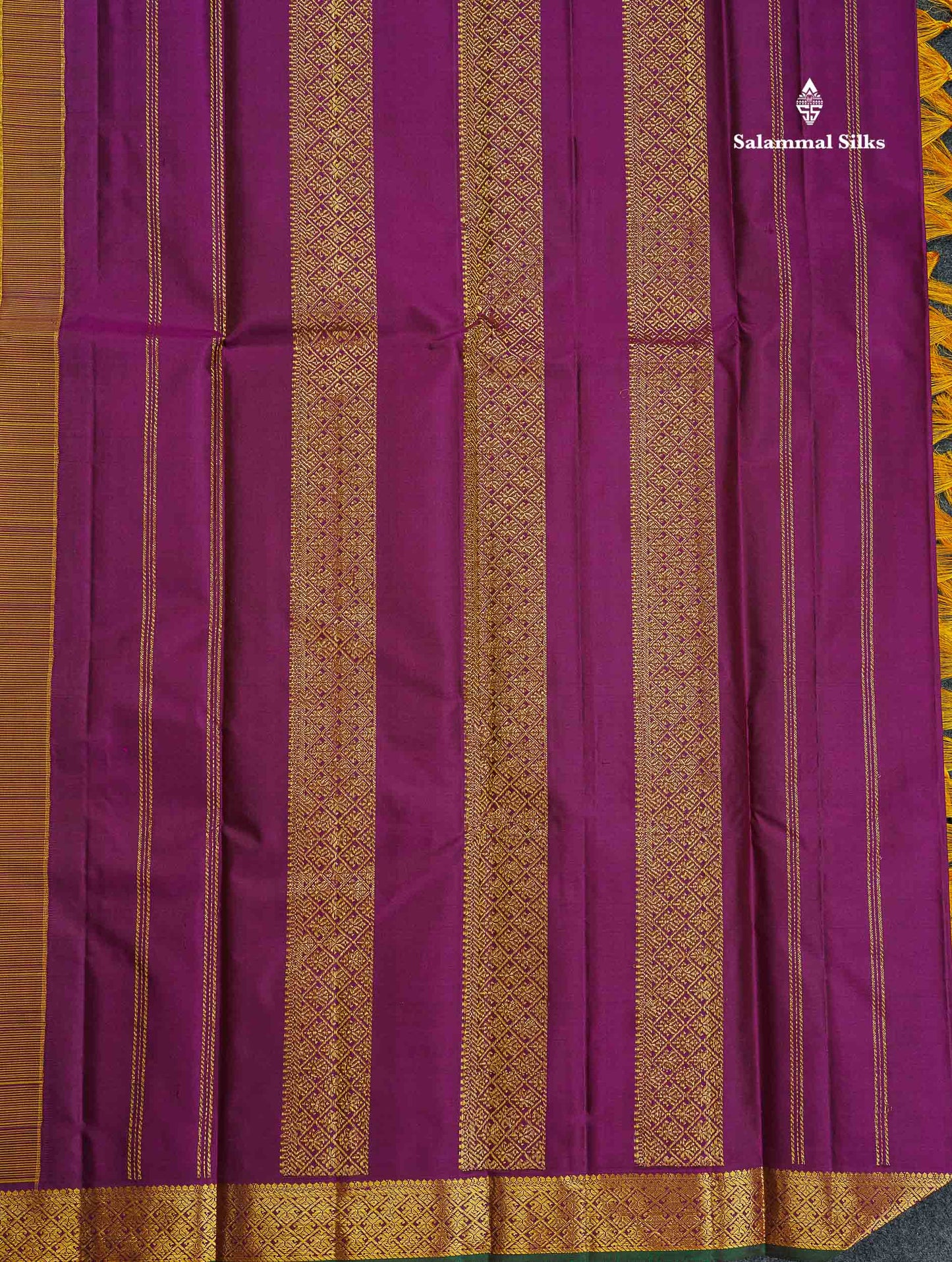 Pure Kanjivaram Silk Saree - Golden Yellow Colour Body Zari Butta With Contrast Dark Purple Small Border