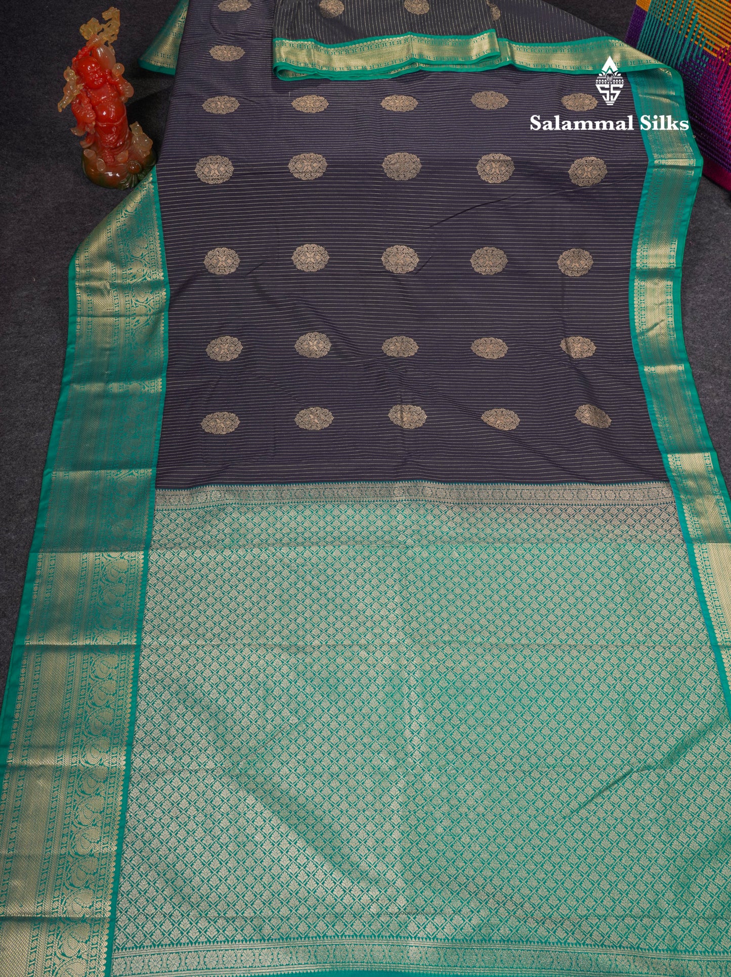 Beautiful Dark Navy Blue Semi Silk Saree With Contrast Sapphire Green Traditional Evening Morning Border