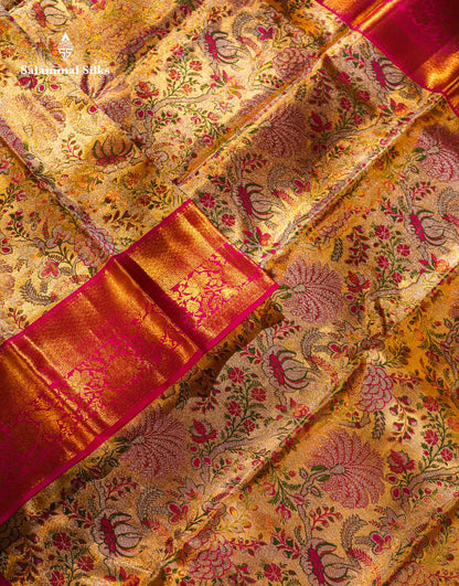 Beautiful Gold Tissu Bridal Menakari Work Pure Kanjivaram Silk Saree With Contrast Magenta Pink Traditional Border