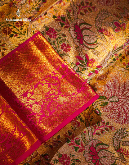 Beautiful Gold Tissu Bridal Menakari Work Pure Kanjivaram Silk Saree With Contrast Magenta Pink Traditional Border