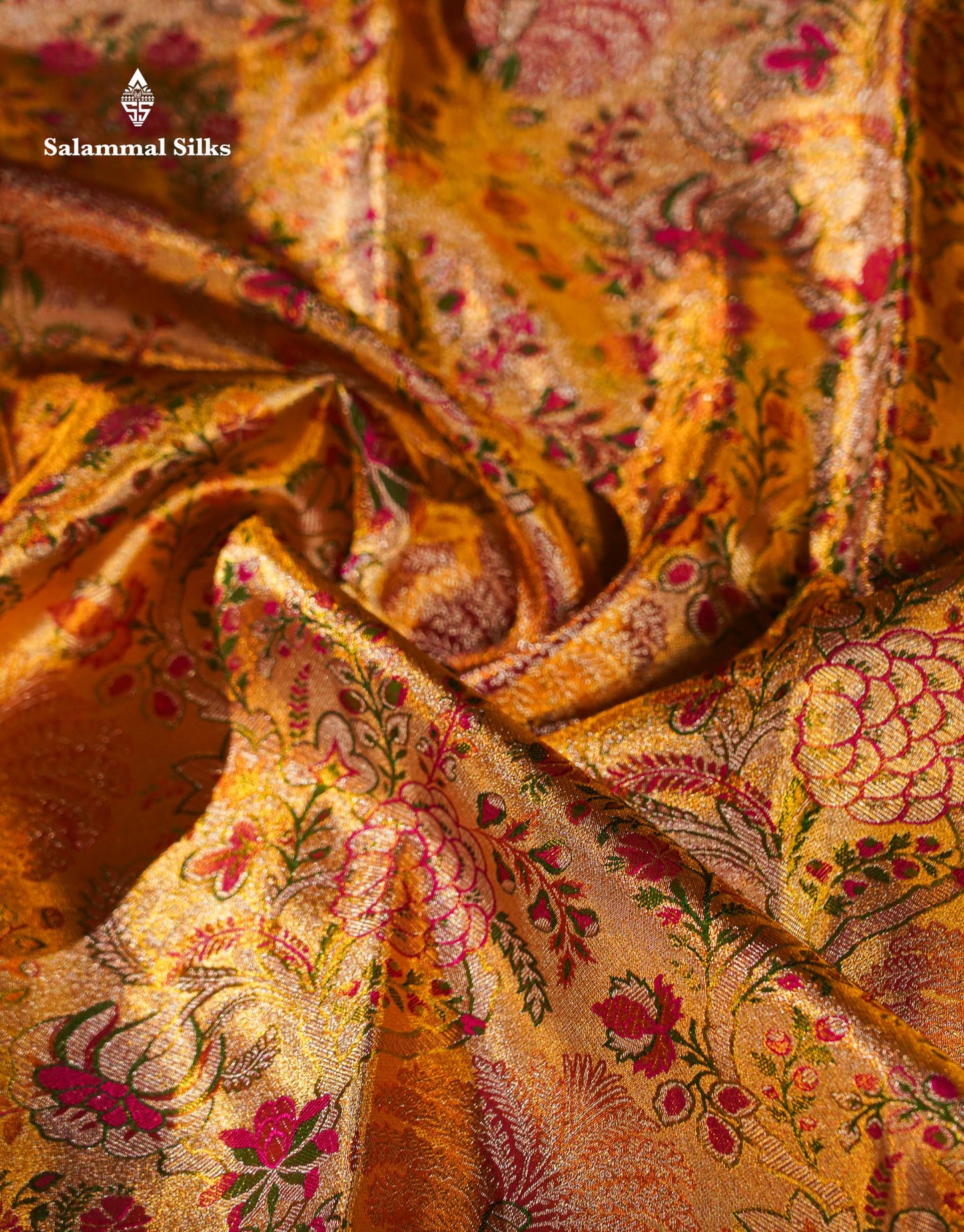 Beautiful Gold Tissu Bridal Menakari Work Pure Kanjivaram Silk Saree With Contrast Magenta Pink Traditional Border
