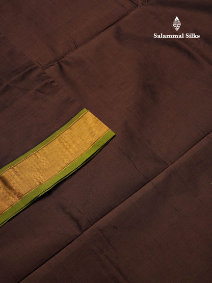 Beautiful Brown Plain Semi Silk Cotton Saree With Contrast Parrot Green Blouse