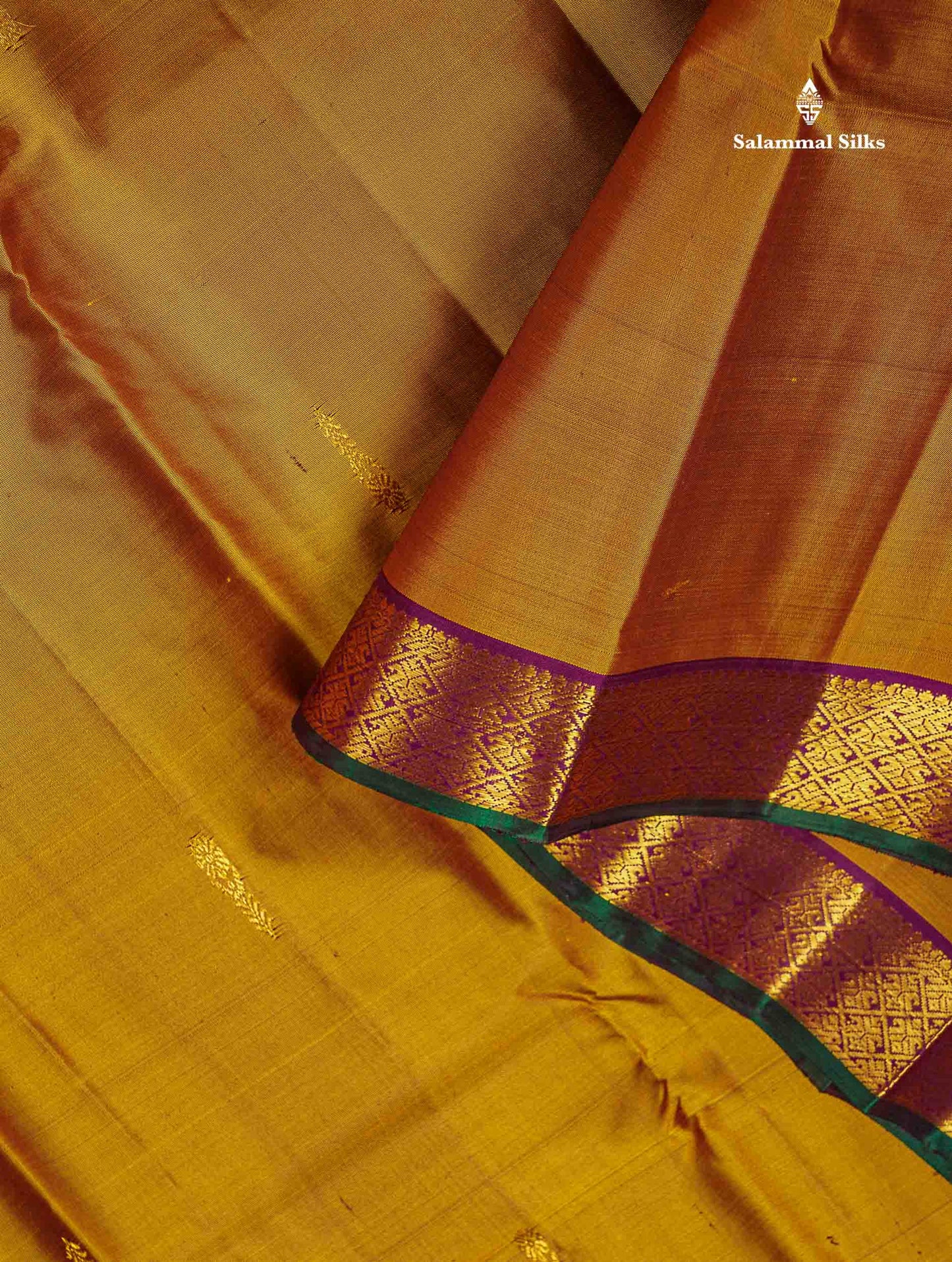 Pure Kanjivaram Silk Saree - Golden Yellow Colour Body Zari Butta With Contrast Dark Purple Small Border