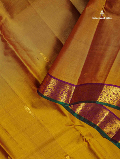 Pure Kanjivaram Silk Saree - Golden Yellow Colour Body Zari Butta With Contrast Dark Purple Small Border