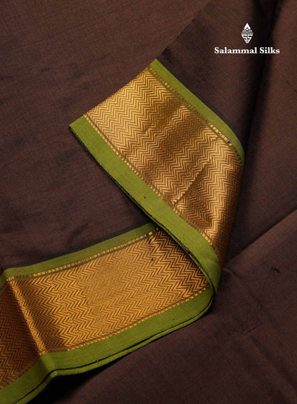 Beautiful Brown Plain Semi Silk Cotton Saree With Contrast Parrot Green Blouse
