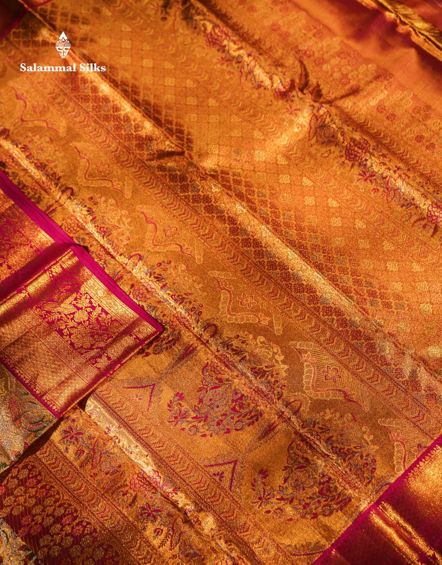 Beautiful Gold Tissu Bridal Menakari Work Pure Kanjivaram Silk Saree With Contrast Magenta Pink Traditional Border