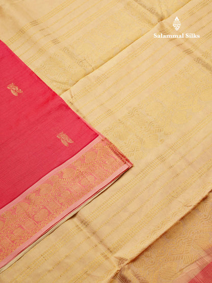Beautiful Dual Tone Pinkish Peach Semi Silk Cotton Saree With Contrast Cream Blouse