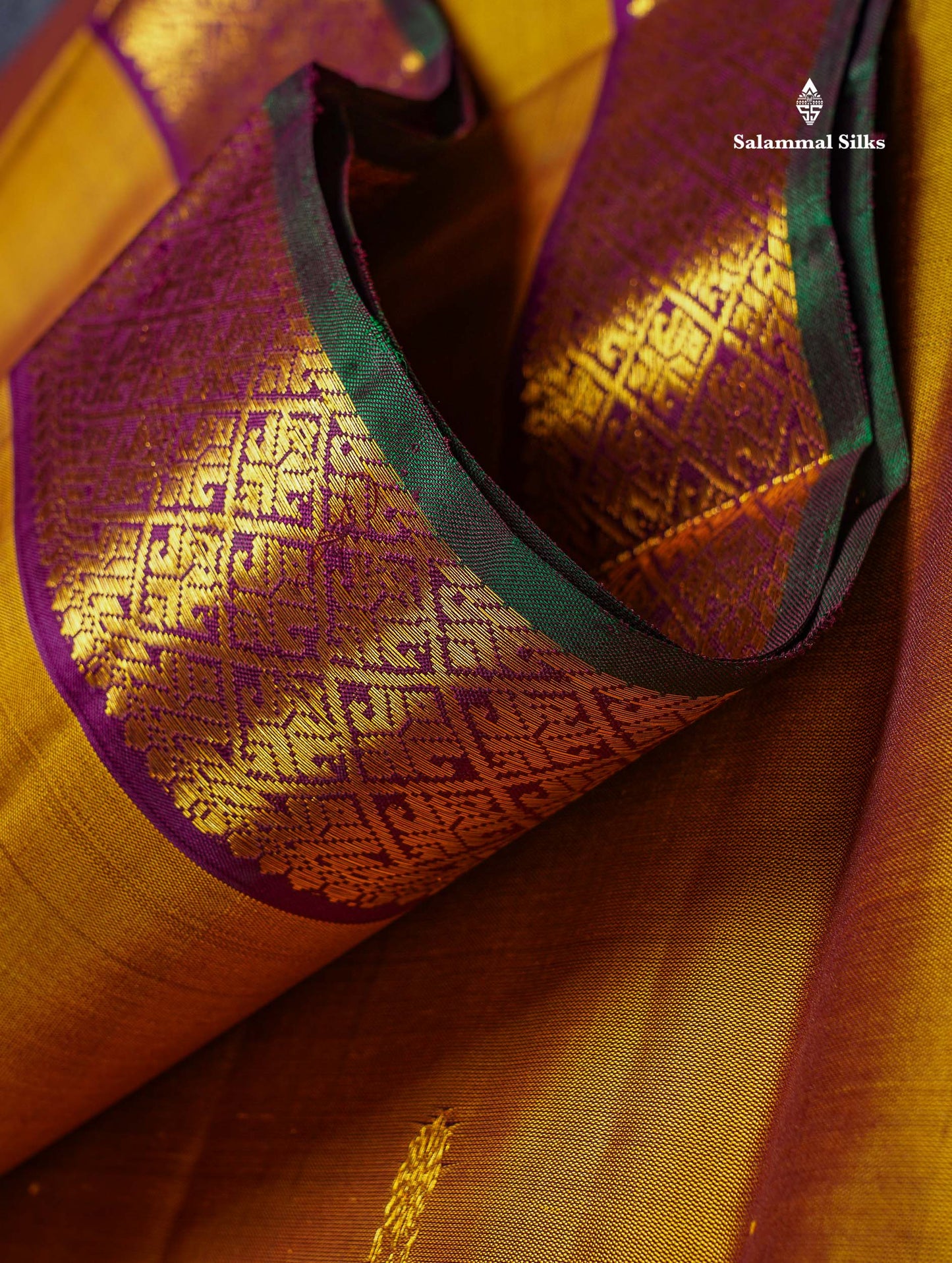 Pure Kanjivaram Silk Saree - Golden Yellow Colour Body Zari Butta With Contrast Dark Purple Small Border