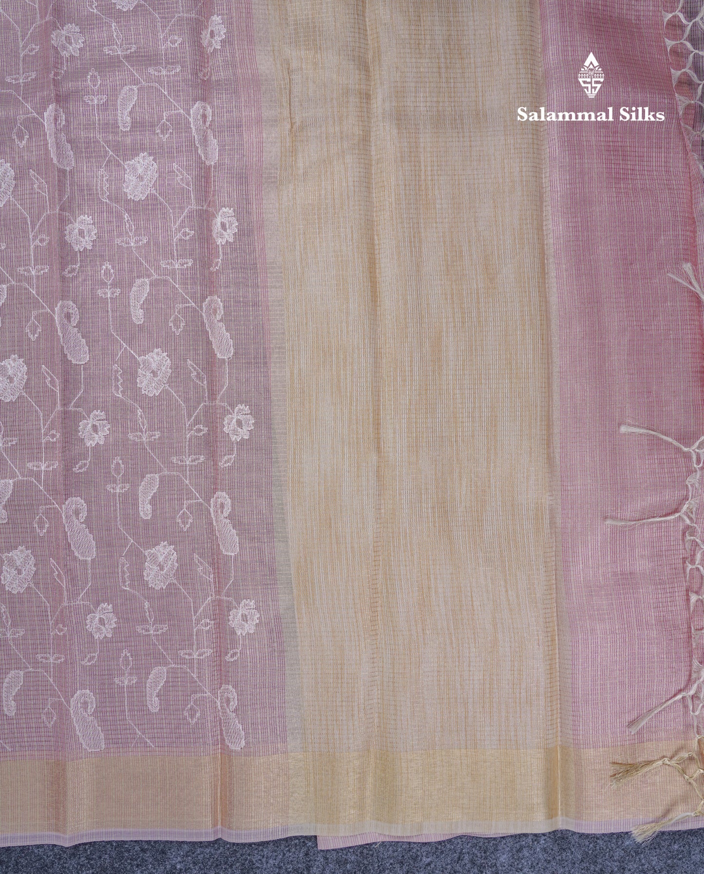 Light Grey Embroidery Work Silk Kota Fancy Saree With Gold Zari Border