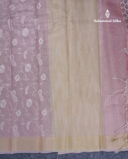 Light Grey Embroidery Work Silk Kota Fancy Saree With Gold Zari Border