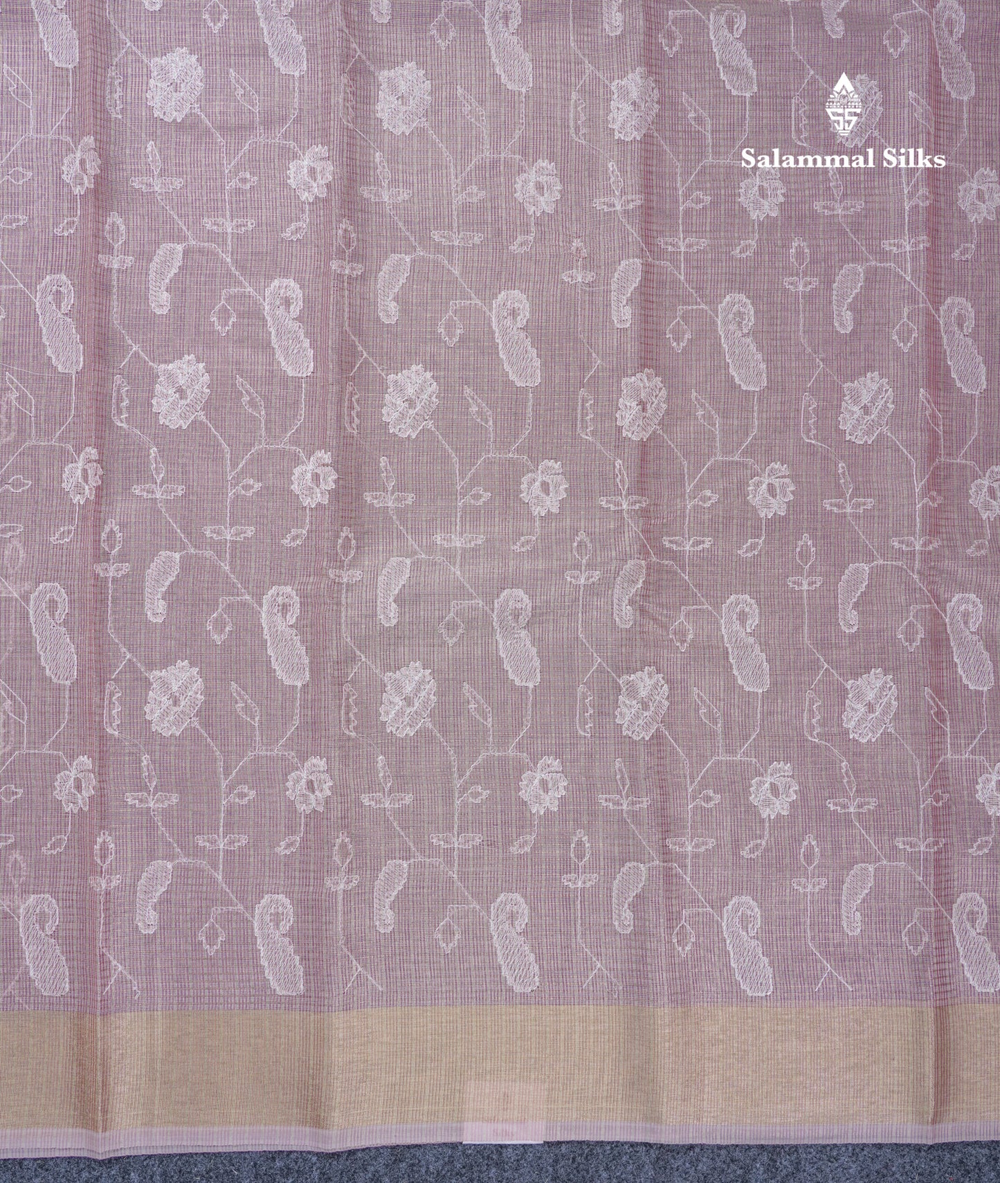 Light Grey Embroidery Work Silk Kota Fancy Saree With Gold Zari Border