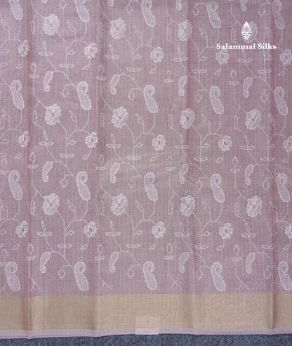 Light Grey Embroidery Work Silk Kota Fancy Saree With Gold Zari Border