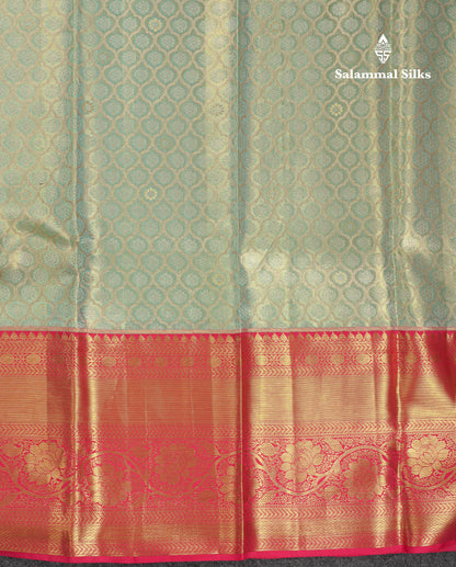 Beautiful Light Rexona Tissue Bridal Pure Kanjivaram Silk Saree With Contrast Pink Traditional Evening Morning Border
