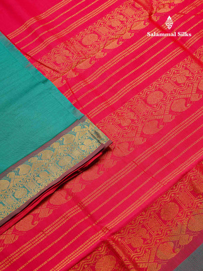 Beautiful Sapphire Green Semi Silk Cotton Saree With Contrast Pink Blouse