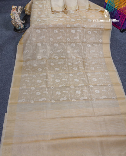 Light Grey Embroidery Work Silk Kota Fancy Saree With Gold Zari Border