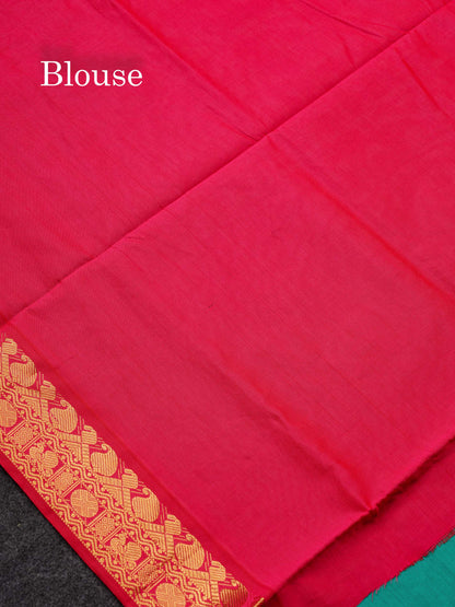 Beautiful Sapphire Green Semi Silk Cotton Saree With Contrast Pink Blouse