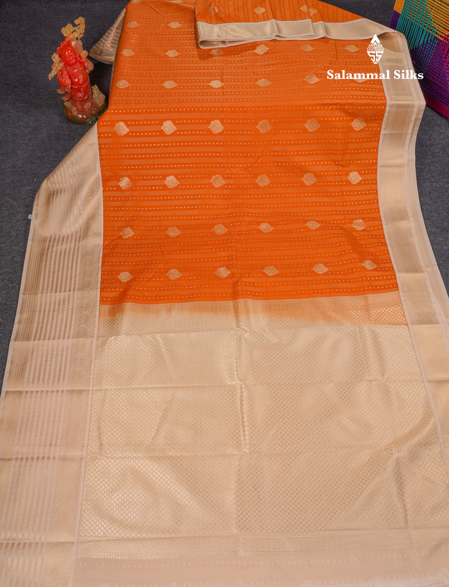 Beautiful Orange Semi Silk Saree With Contrast Cream Sandal Traditional Evening Morning Border