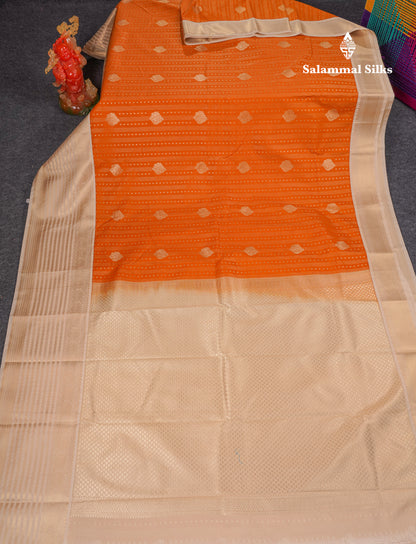Beautiful Orange Semi Silk Saree With Contrast Cream Sandal Traditional Evening Morning Border