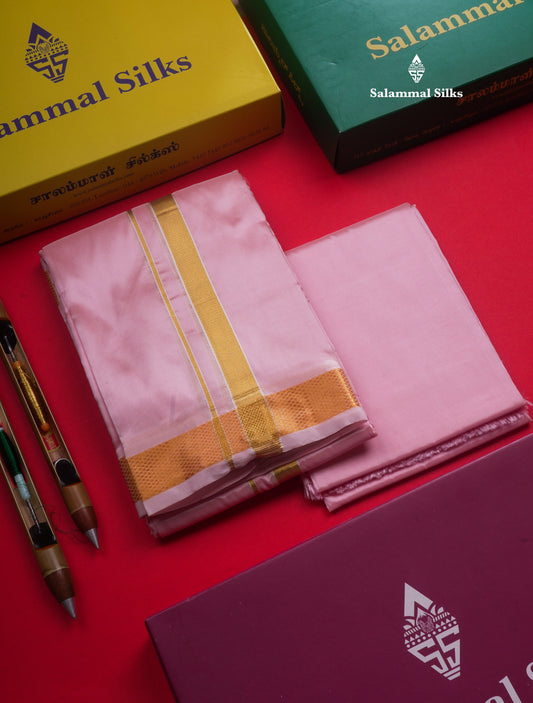Baby Pink Semi Silk Dhoti & Baby Pink Shirt (2.50M) with Gold Zari Border