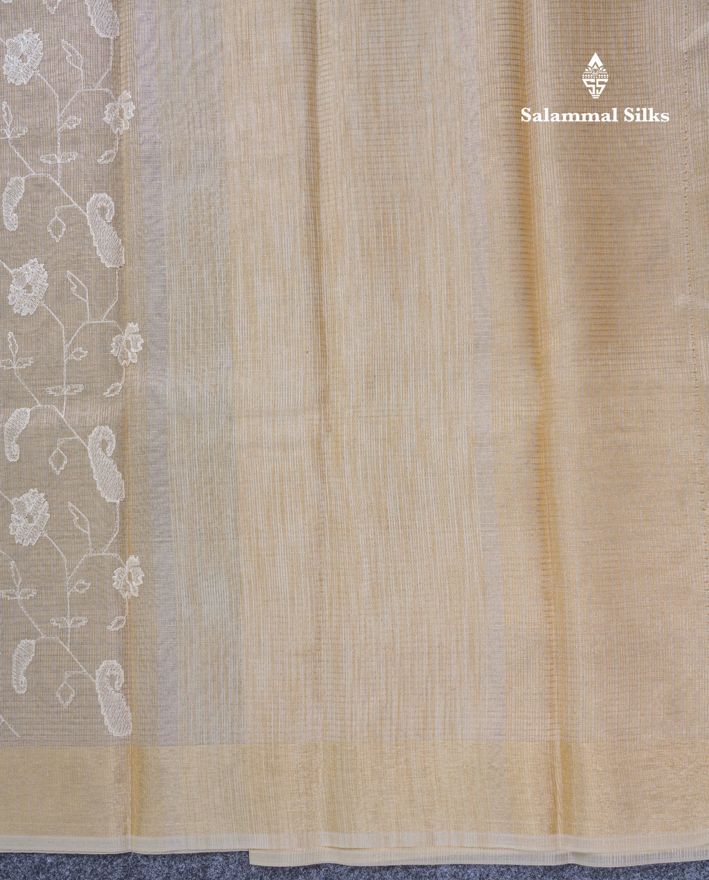 Light Grey Embroidery Work Silk Kota Fancy Saree With Gold Zari Border