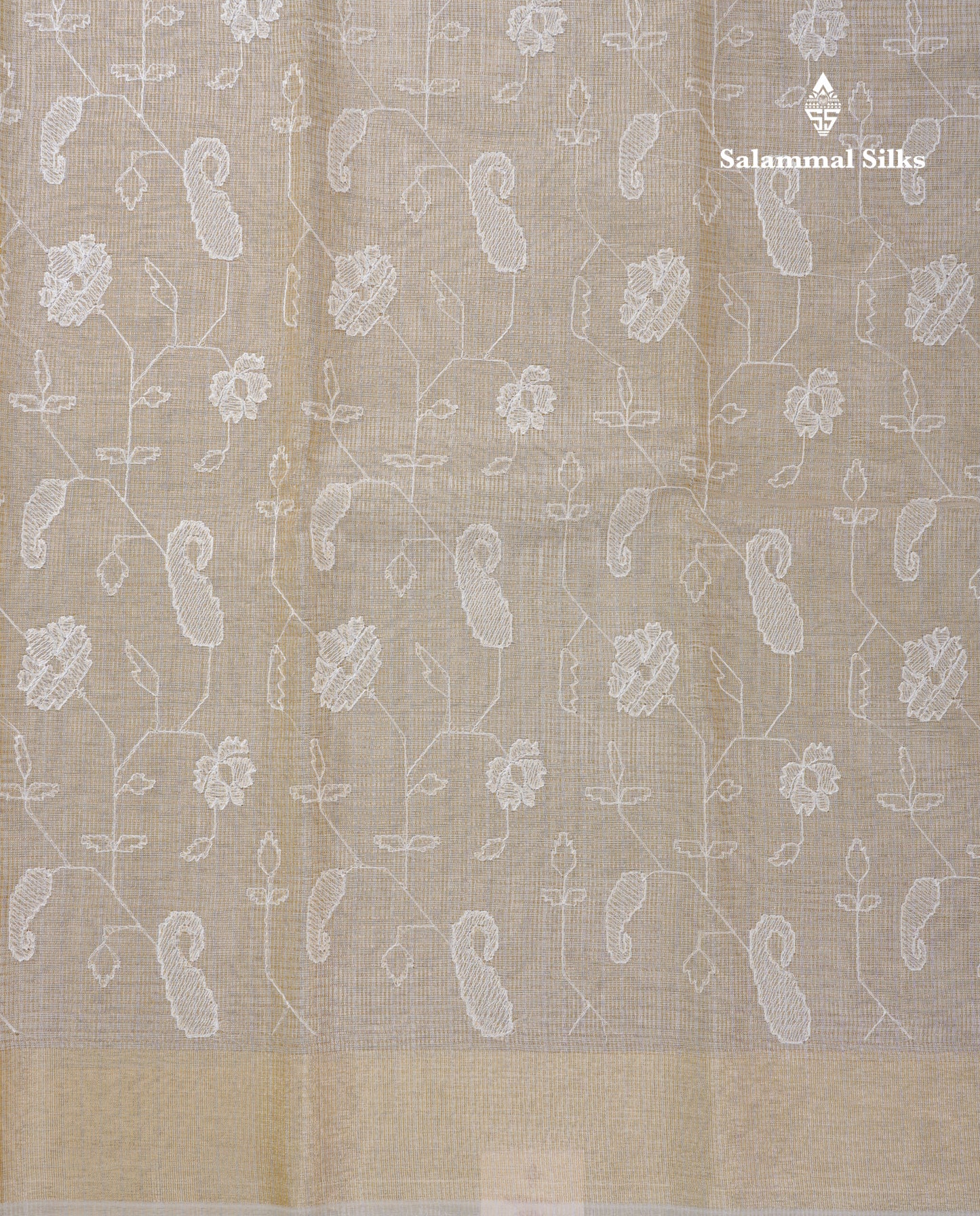 Light Grey Embroidery Work Silk Kota Fancy Saree With Gold Zari Border