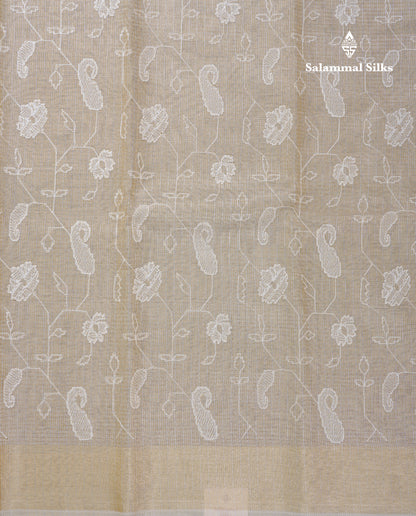 Light Grey Embroidery Work Silk Kota Fancy Saree With Gold Zari Border