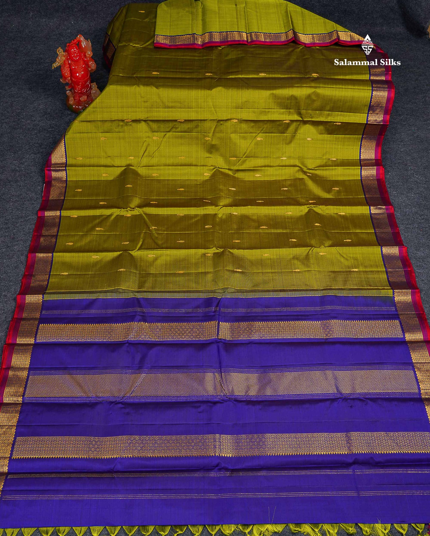 Pure Kanjivaram Silk Saree - Olive Green Colour Body Small Butta With Traditional Small Border