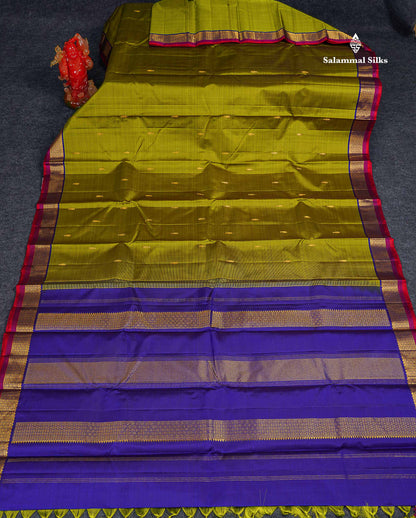 Pure Kanjivaram Silk Saree - Olive Green Colour Body Small Butta With Traditional Small Border